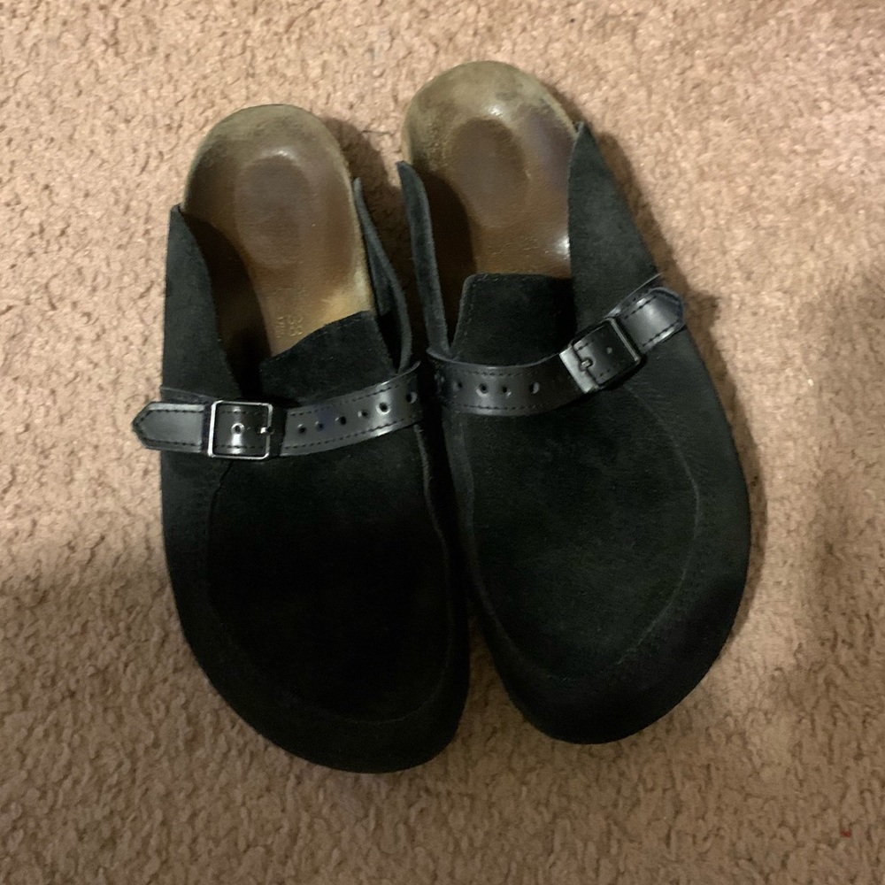 Birkenstock birks Eaton Black Suede Buckley Slide Buckle Mule Clogs